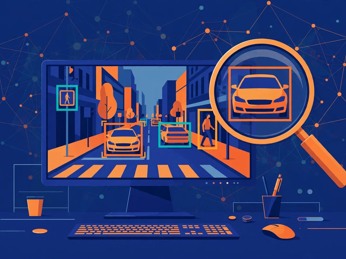 Editorial illustration of a YOLO object detection workstation: a monitor showing a street scene with bounding boxes around cars and pedestrians, a magnifying lens over one detection, and neural network motifs.