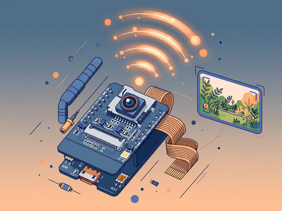 Editorial illustration of an ESP32-CAM setup: the camera module board with lens and ribbon cable, WiFi signal arcs, and a floating live video frame showing a garden scene.