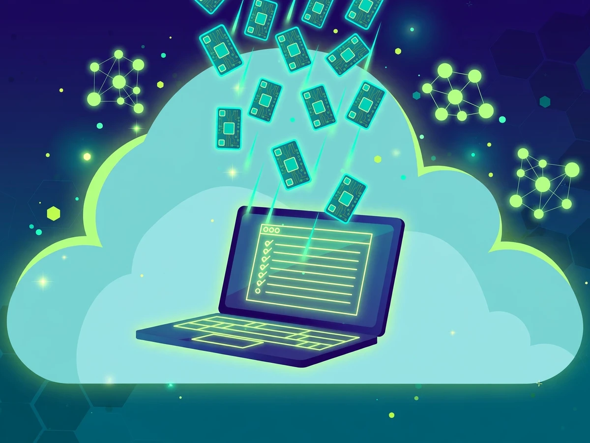 Editorial illustration of free cloud GPU training for students: a laptop with a glowing notebook inside a cloud, GPU chips raining down, neural-network nodes orbiting.