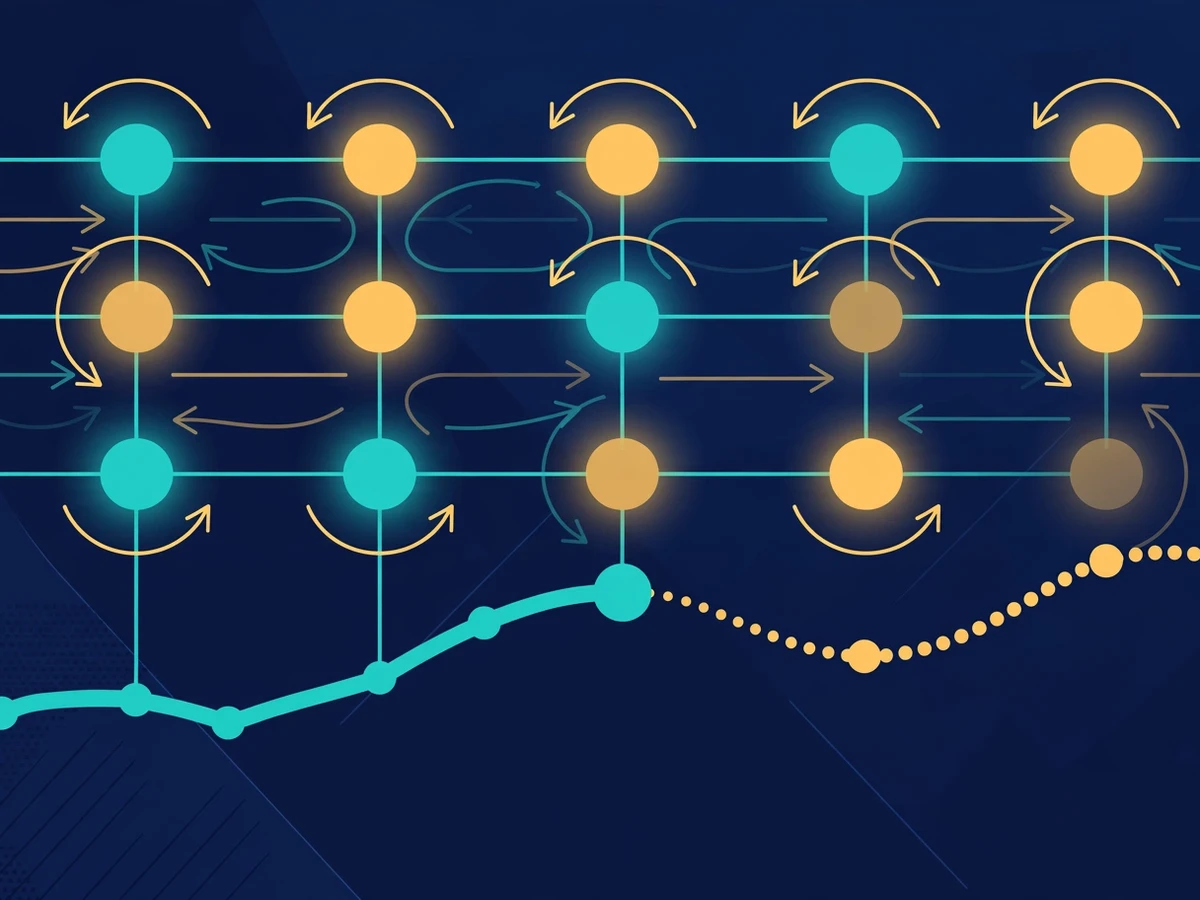 Editorial illustration of time-series forecasting: a bold line chart with a solid historical curve breaking into a dotted forecast, overlaid with a recurrent neural network of glowing nodes.