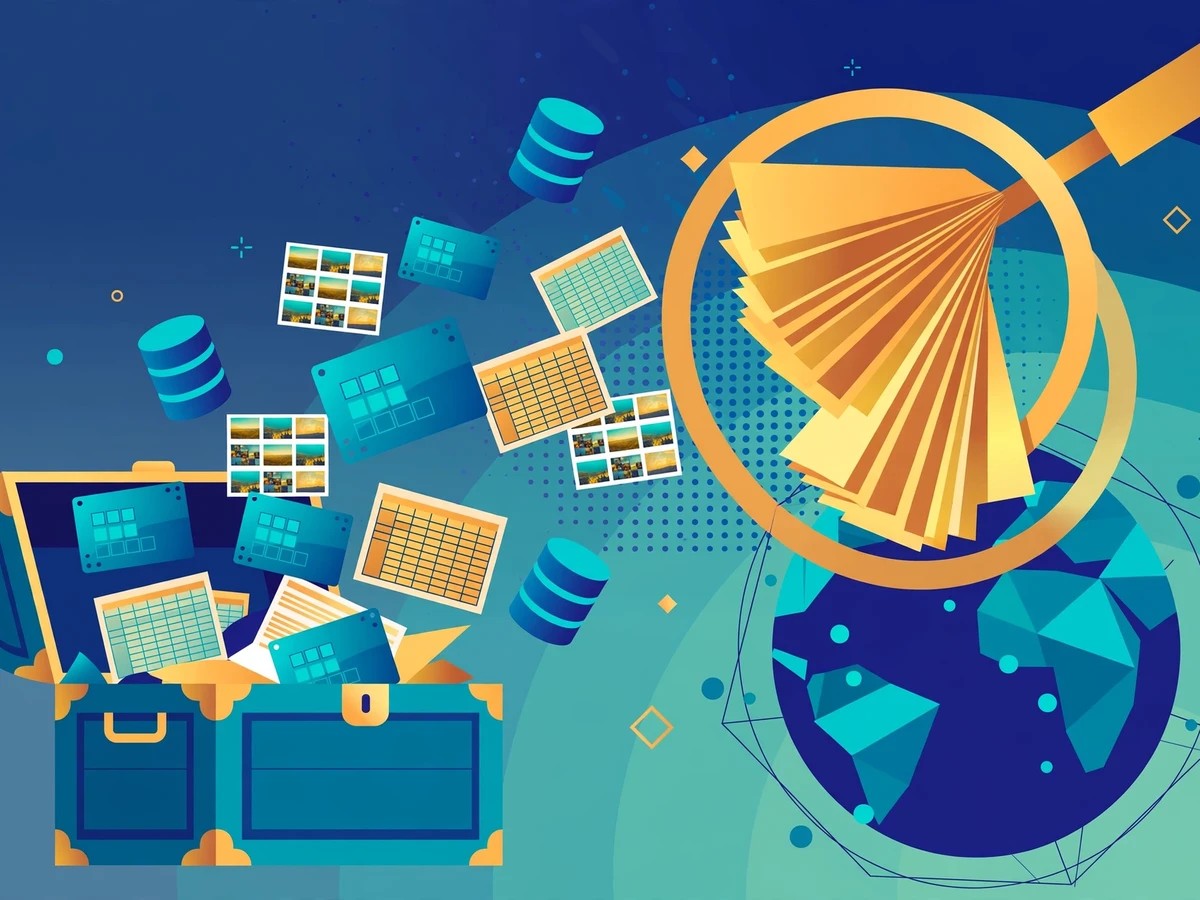 Editorial illustration of open dataset sources for students: a magnifying glass over floating dataset cards, database icons, image grids and spreadsheets around a stylised globe.