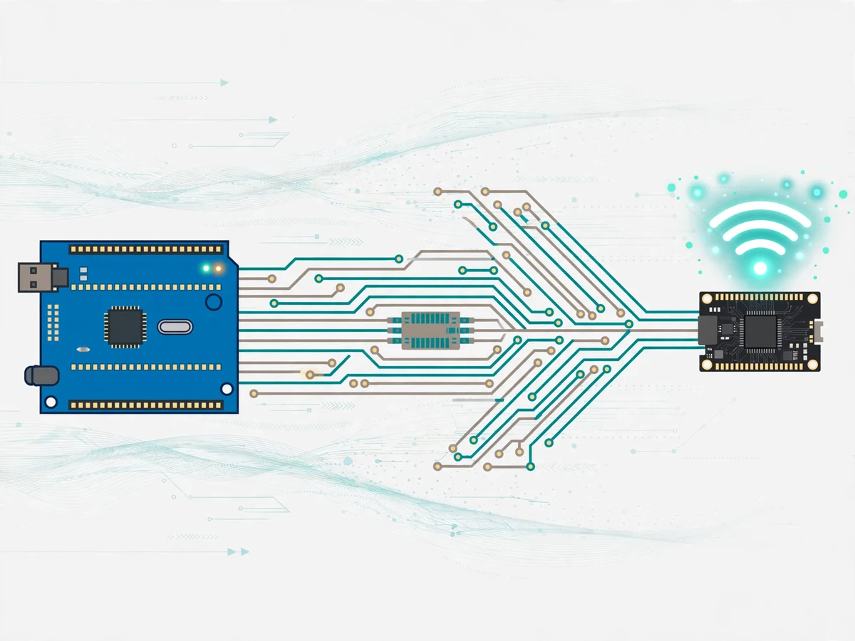 Illustration of an Arduino board connected by circuit traces to an ESP32 board with a WiFi symbol, showing migration.
