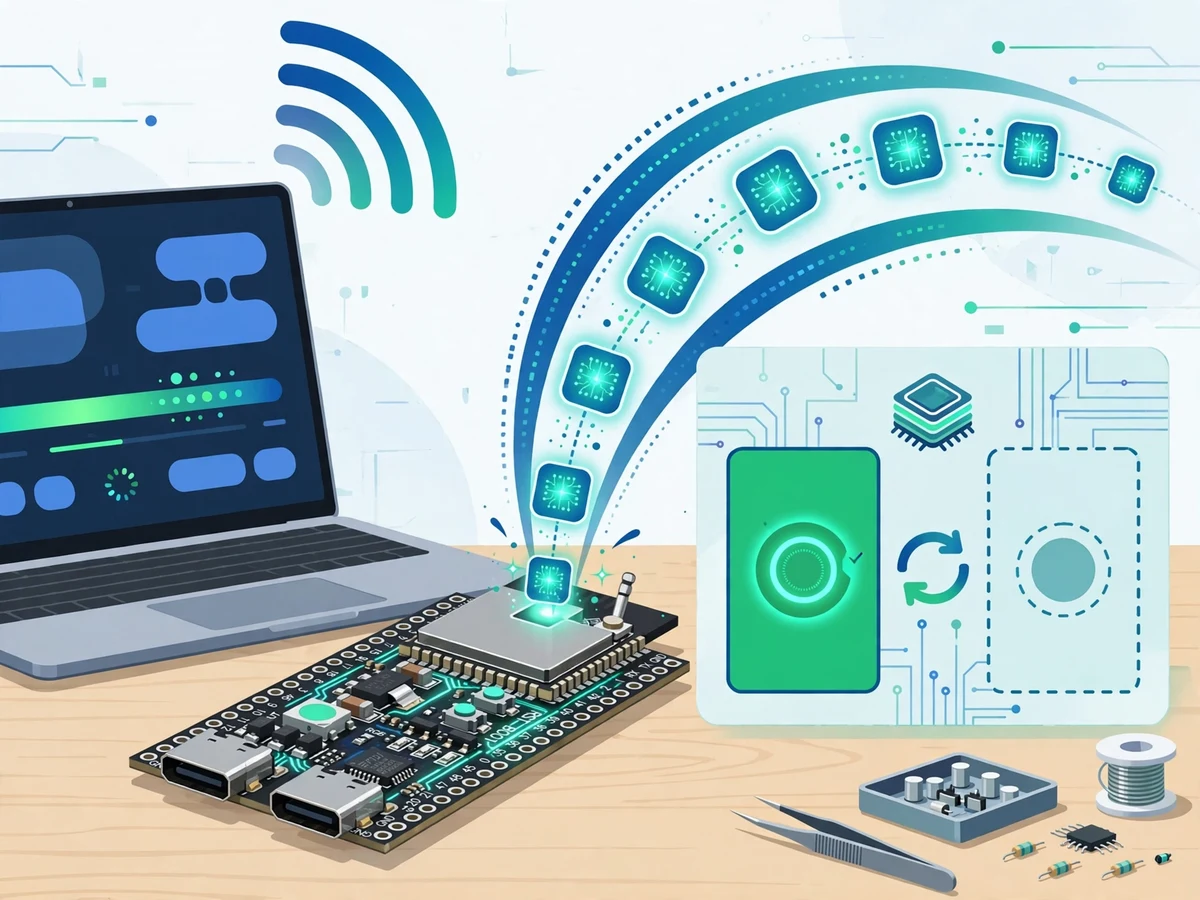 Illustration of an ESP32 board receiving a firmware update over WiFi from a laptop, with a dual-partition flash diagram.
