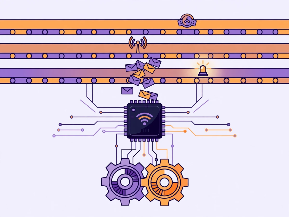 Illustration of an ESP32 chip running parallel FreeRTOS task lanes with message queues flowing between them and twin CPU cores.