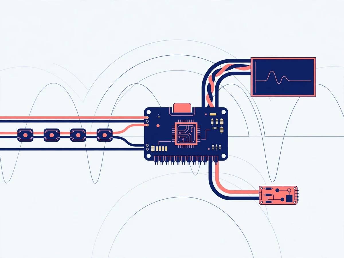 Illustration of a microcontroller with three wire bundles: a shared I2C sensor bus, a fast SPI display link, and a UART serial connection.