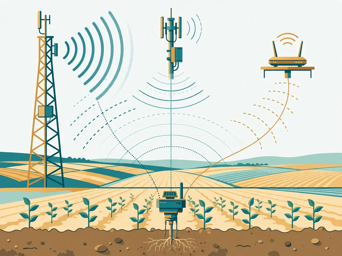 Illustration comparing LoRa, NB-IoT, and WiFi wireless paths converging on a farm-field IoT sensor node with a soil probe.