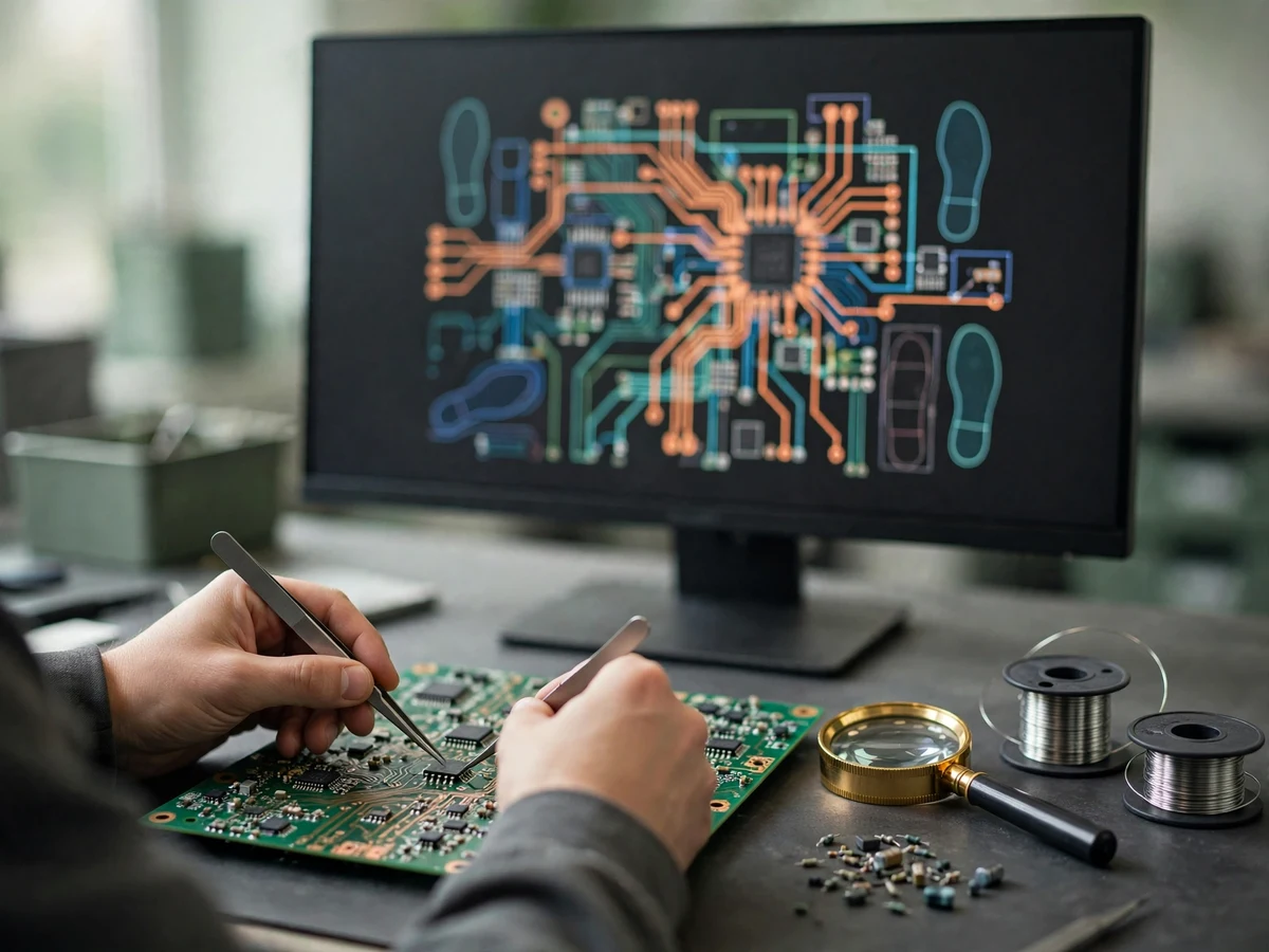 Illustration of hands assembling a green printed circuit board with a PCB CAD layout on a monitor behind the workbench.