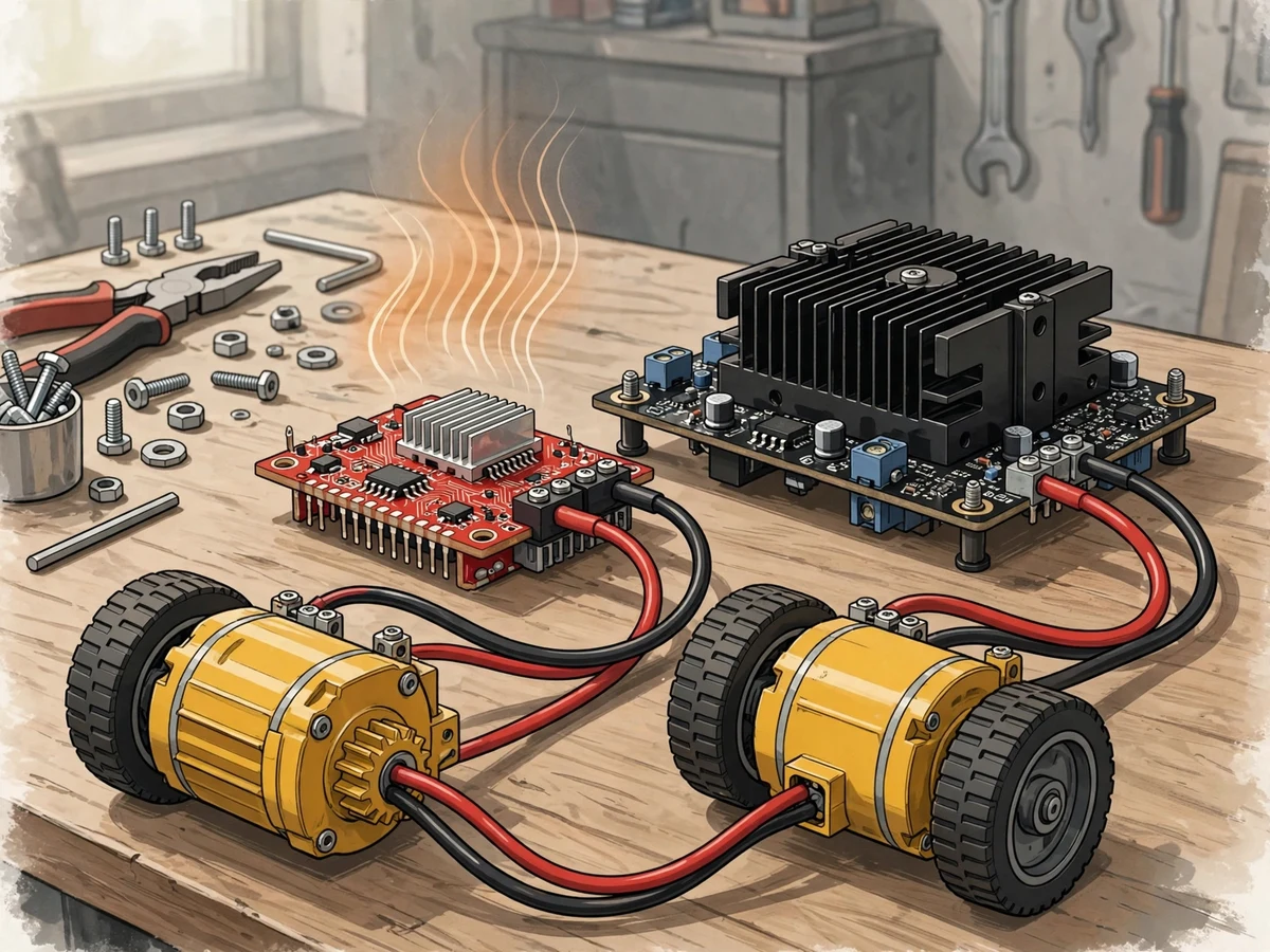 Illustration of two DC motor driver boards with power wiring connected to yellow gear motors with robot wheels.