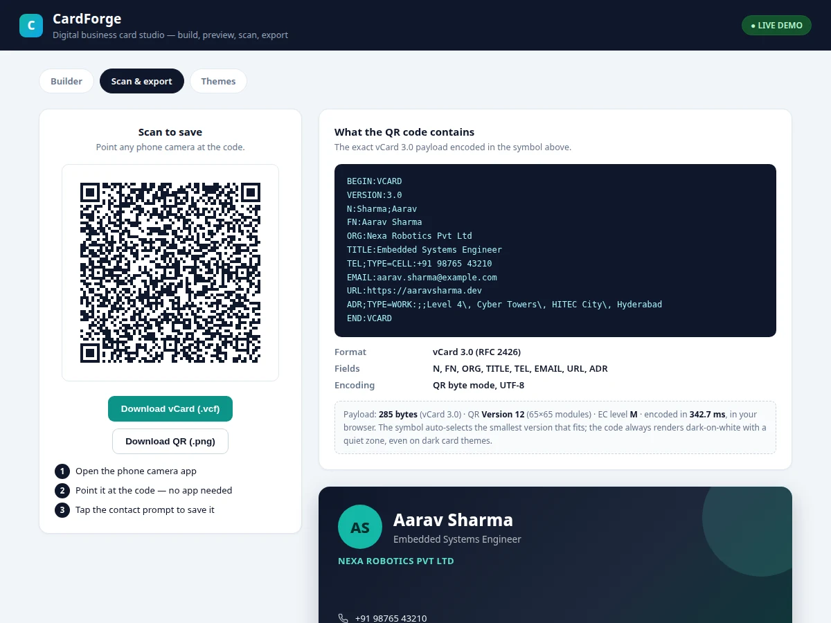 Digital Business Card Generator with QR & vCard
