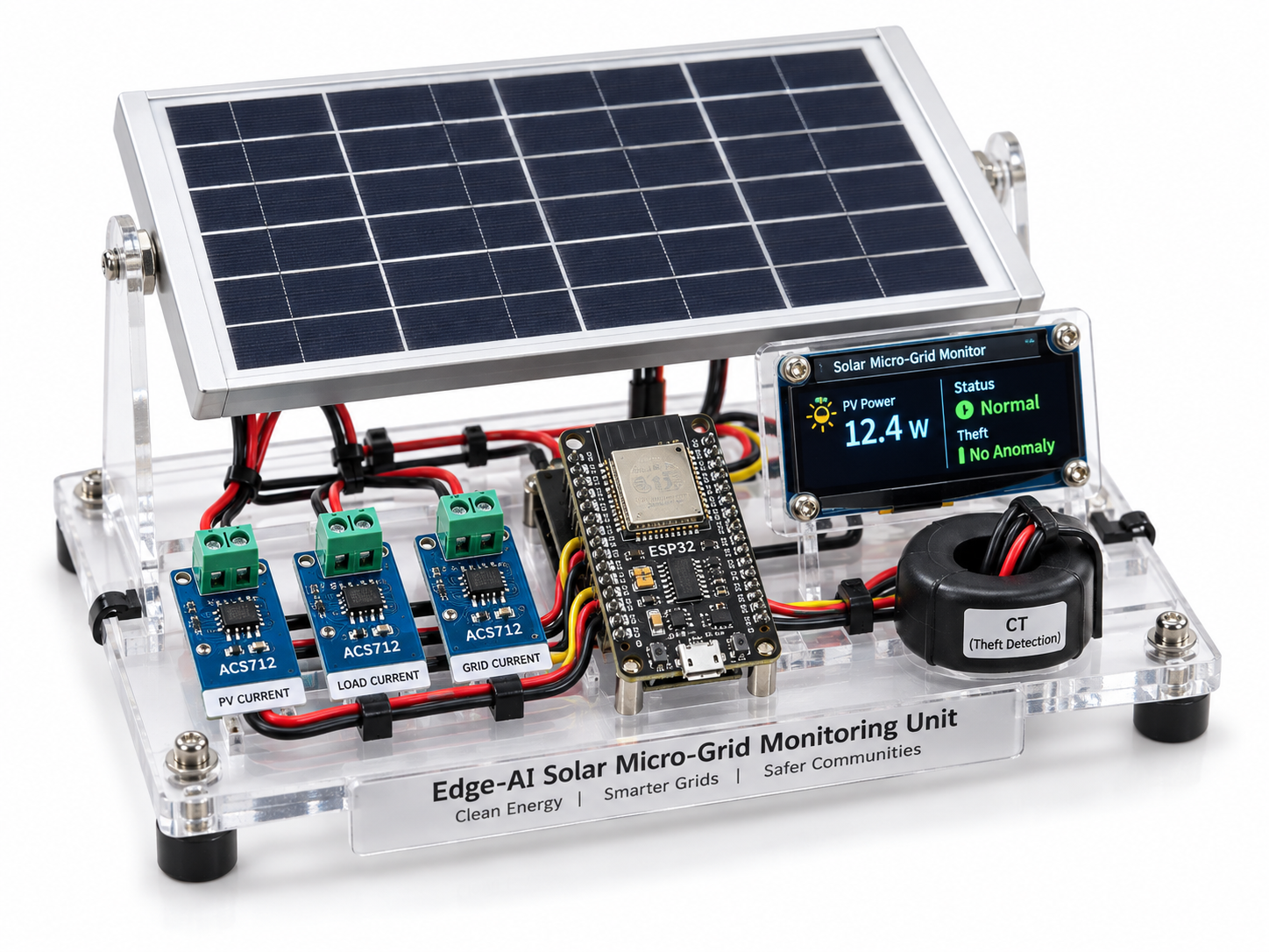 Edge-AI solar micro-grid monitoring prototype with ESP32, ACS712 current sensors, current transformer, solar panel and live OLED power display.
