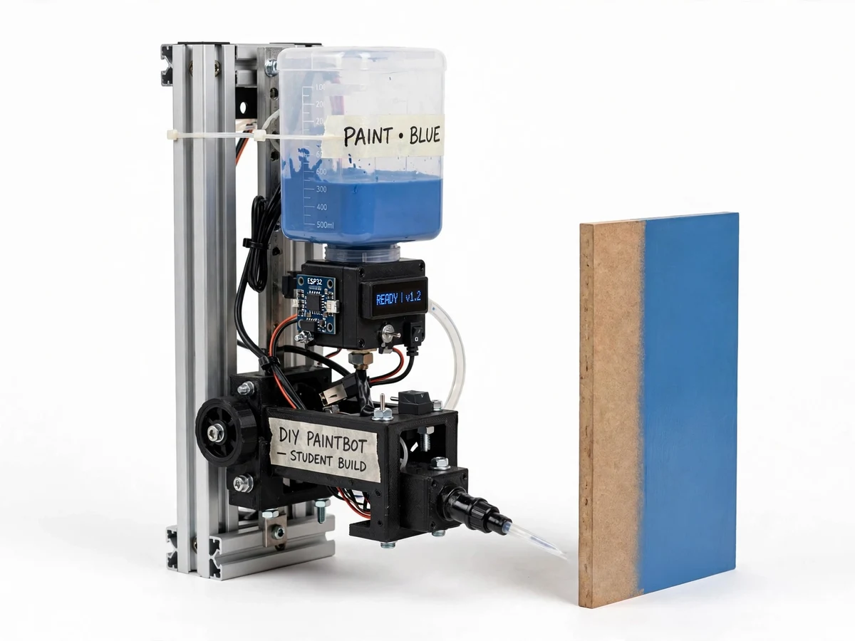 Illustration of the automatic wall painting robot with its rail frame, carriage and sprayer nozzle painting a wall panel.