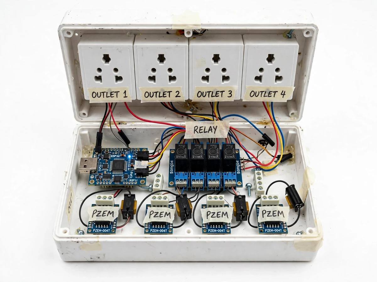 Prototype photo of a 4-outlet smart power strip: white enclosure with four Indian 3-pin sockets, ESP32 board, 4-channel relay module and PZEM-004T energy sensors, labeled wiring on white background