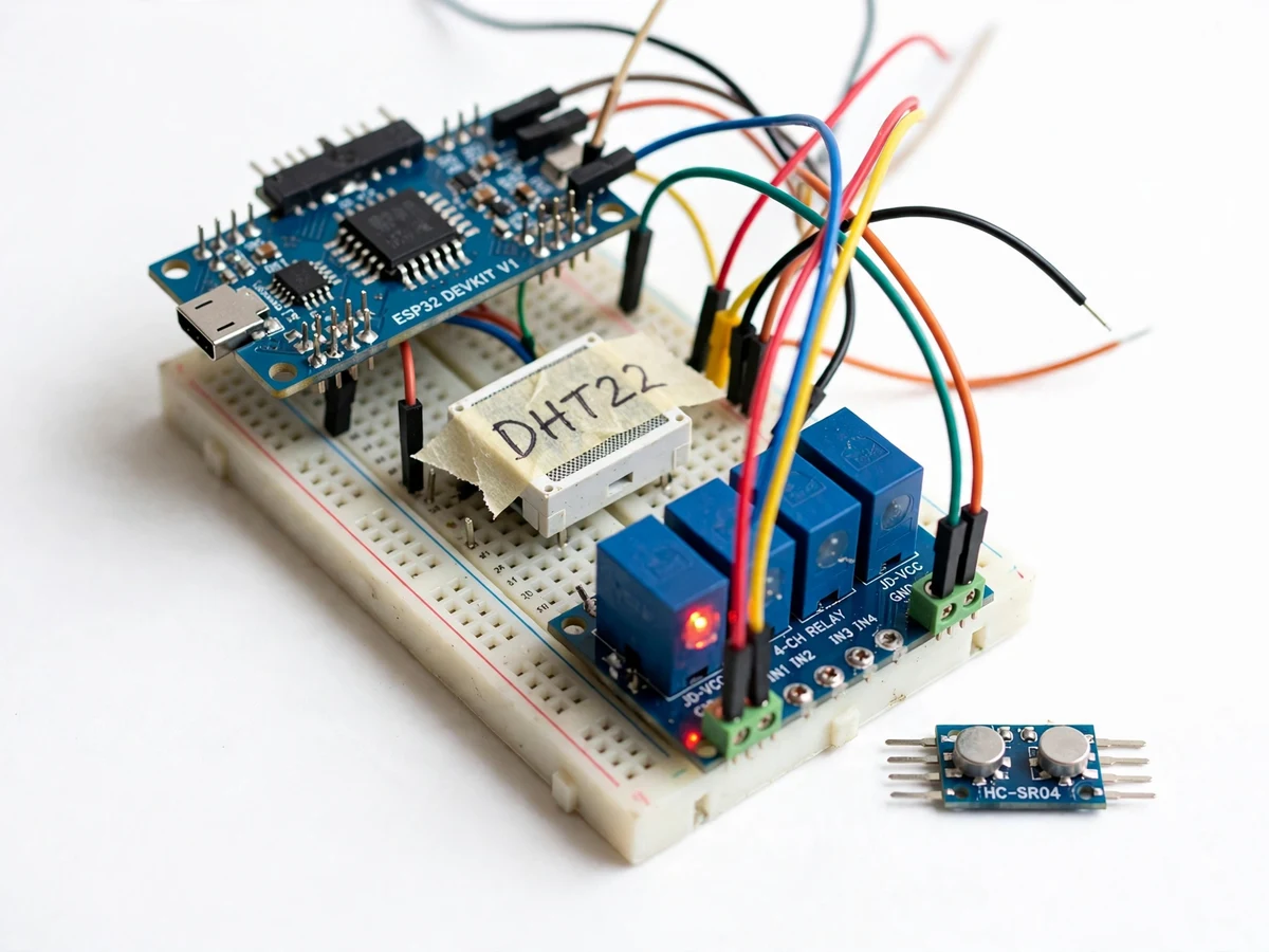 ESP32 home controller prototype with DHT22 sensor and 4-channel relay module on a breadboard