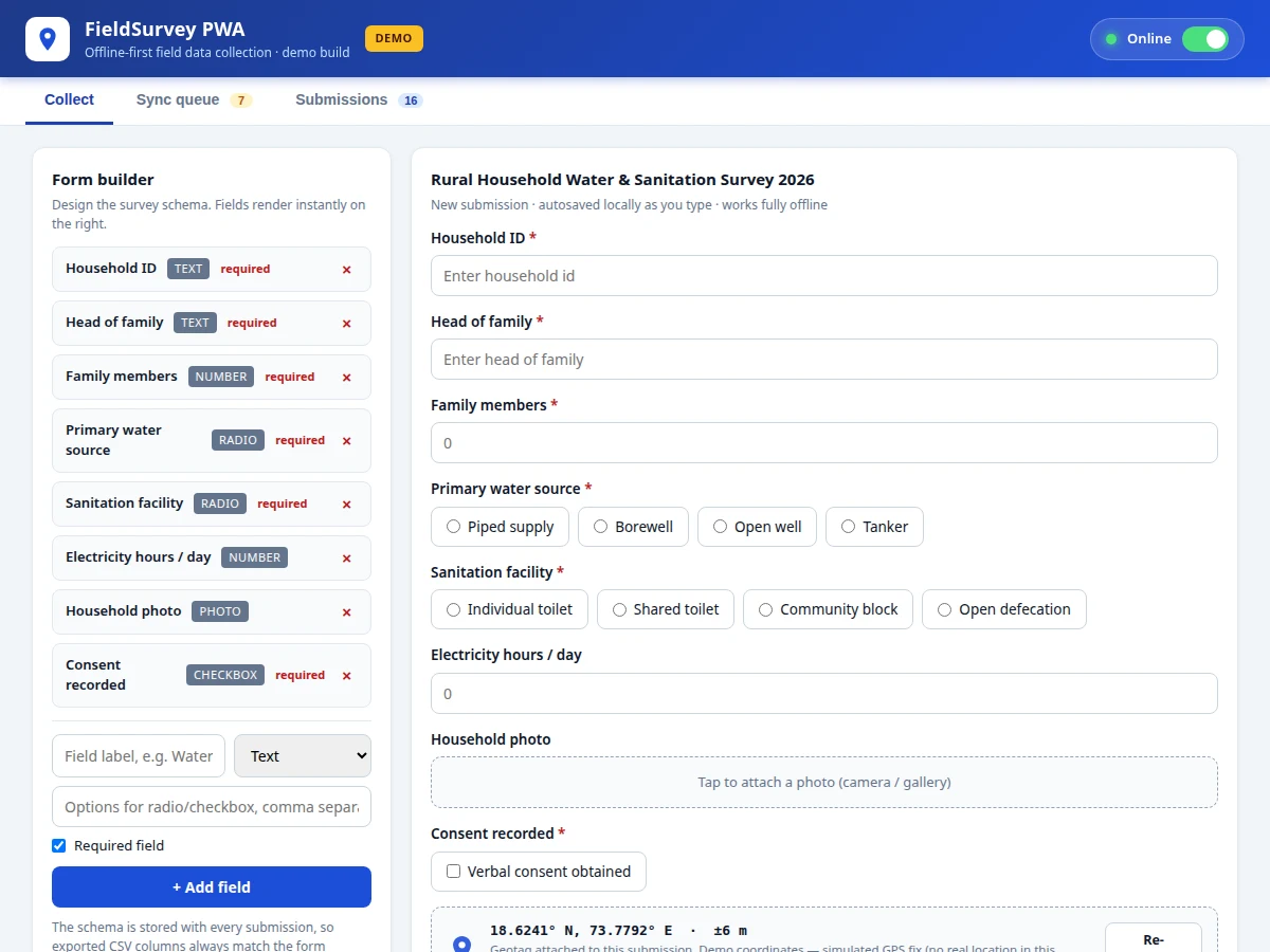 Offline-First Field Survey Data Collection PWA with Geotagging and CSV Export — project thumbnail preview