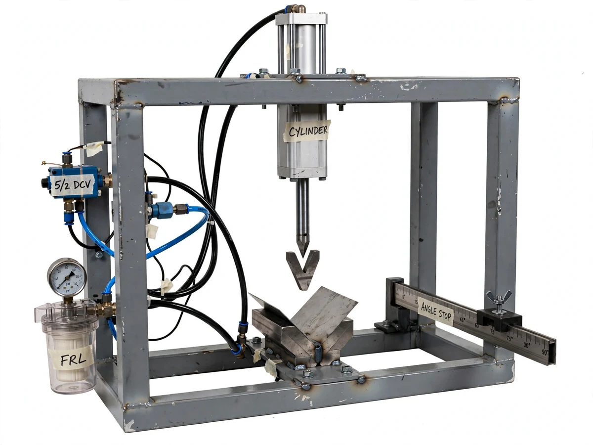 Welded-steel pneumatic sheet metal bending machine prototype: double-acting cylinder with V-punch, 5/2 DCV, FRL unit, and adjustable angle-stop bar with degree scale.