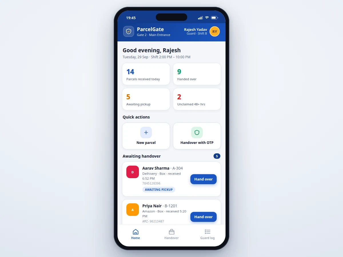 Society Parcel Handover Android App with OTP Verification and Guard Log — project thumbnail preview