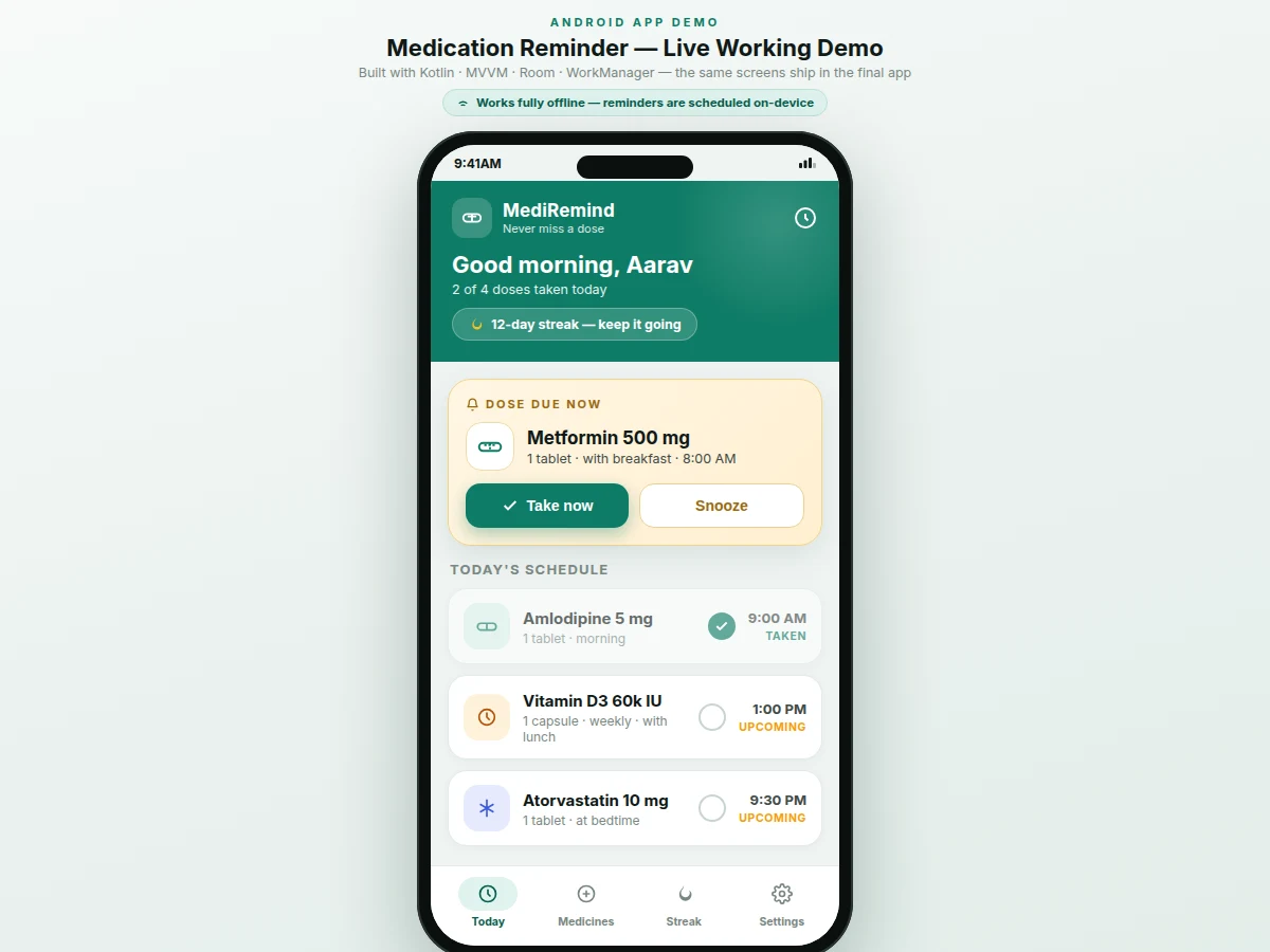 Medication Reminder Android App with Snooze, Streak Tracking and Offline Notifications — project thumbnail preview