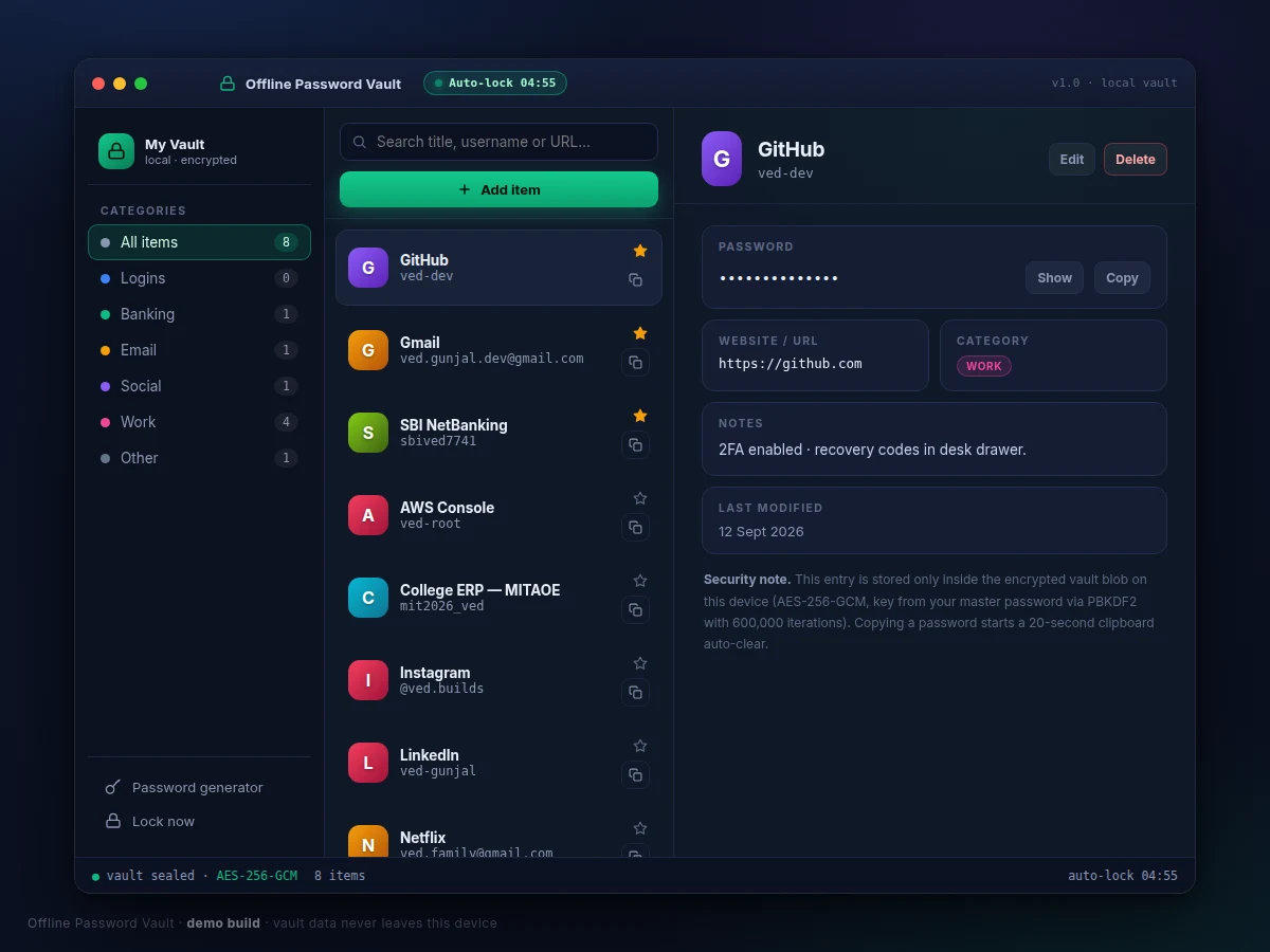 Offline Password Vault Desktop App with AES-256 Encryption and Auto-Lock — project thumbnail preview