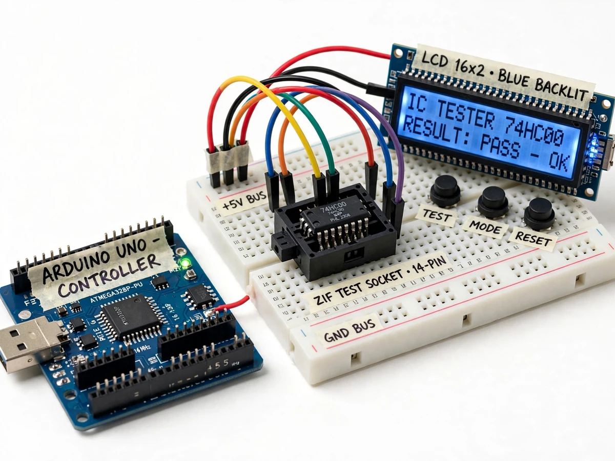 Digital IC Tester for 74xx and 40xx Series Logic ICs with Auto-Identification — project thumbnail preview