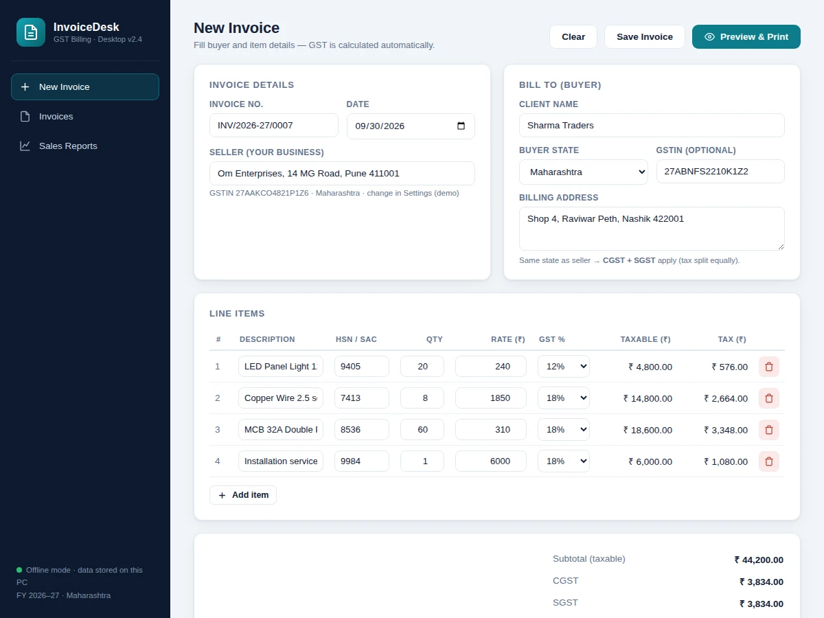 Offline Invoice Generator Desktop App with GST Billing and Sales Reports (Electron) — project thumbnail preview