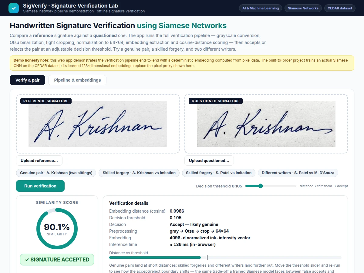 Handwritten Signature Verification using Siamese Networks — project thumbnail preview