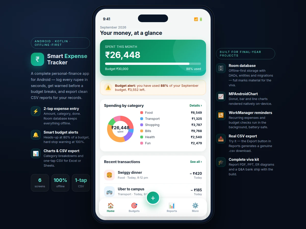 Smart Expense Tracker Android App with Budget Alerts and CSV Export — project thumbnail preview