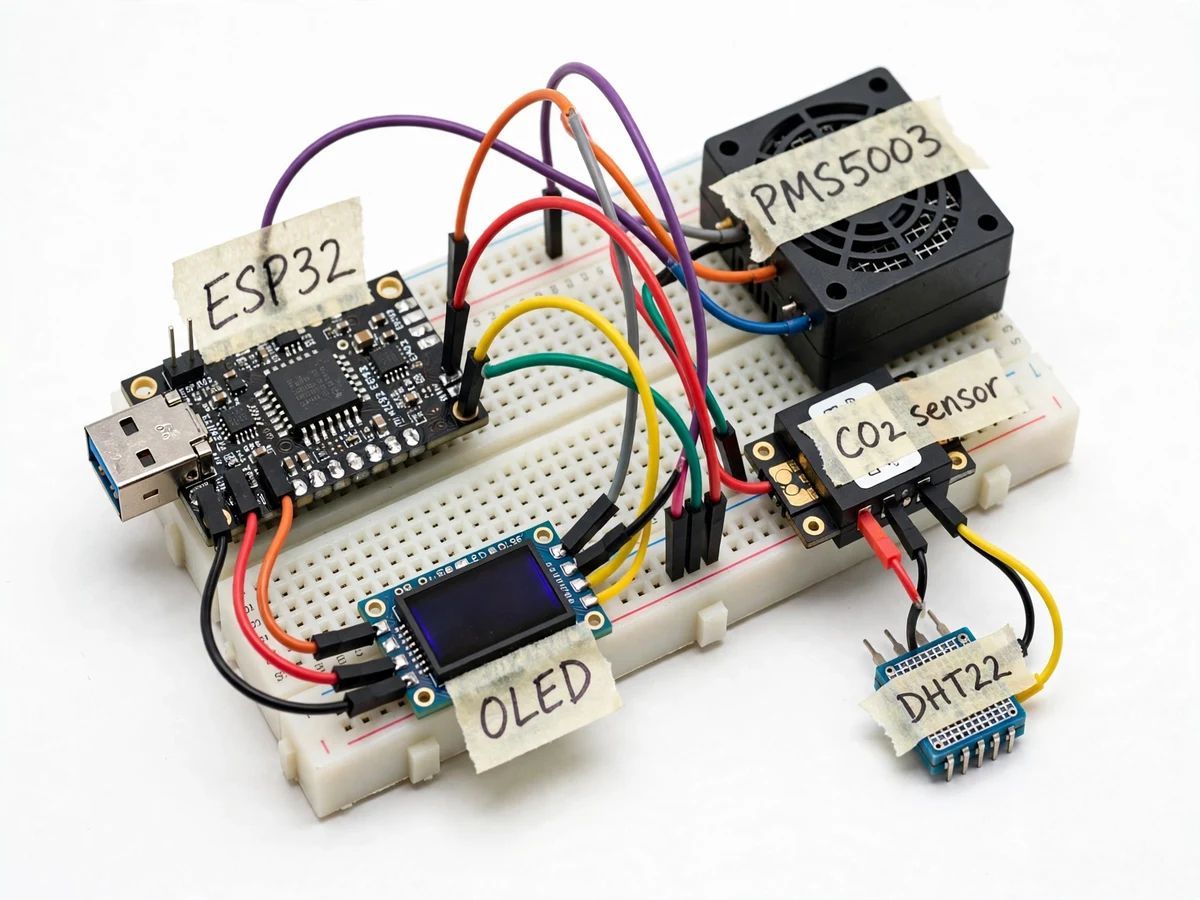 IoT-Based Indoor Air Quality Monitor with PM2.5, CO2 Sensing and ESP32 Cloud Dashboard — project thumbnail preview
