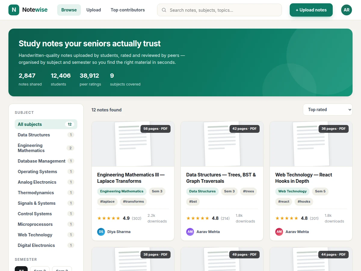 Study Notes Sharing Web App with Uploads and Peer Ratings — project thumbnail preview