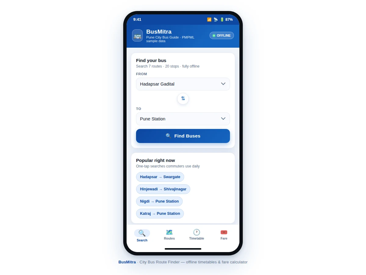 City Bus Route Finder Android App with Offline Timetables and Fare Calculation — project thumbnail preview