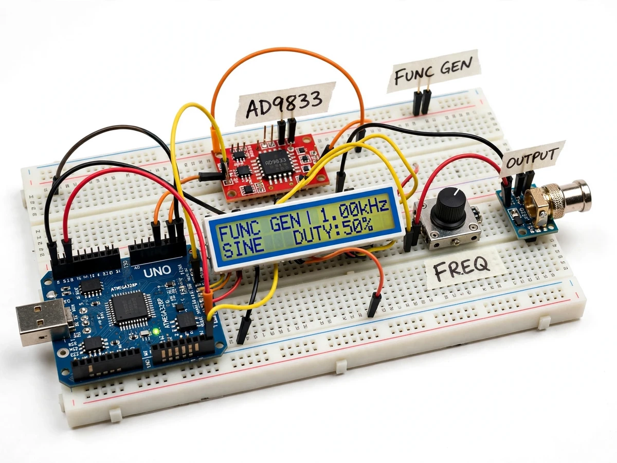 Programmable Function Generator using AD9833 DDS Module and Arduino with LCD Display — project thumbnail preview