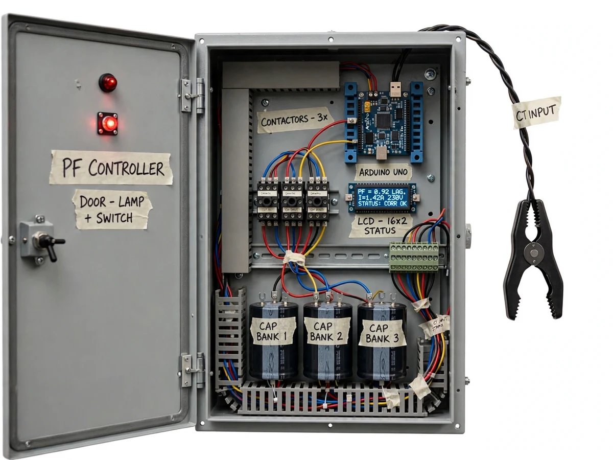 Automatic Power Factor Correction Unit with Capacitor Bank and Arduino Controller — project thumbnail preview