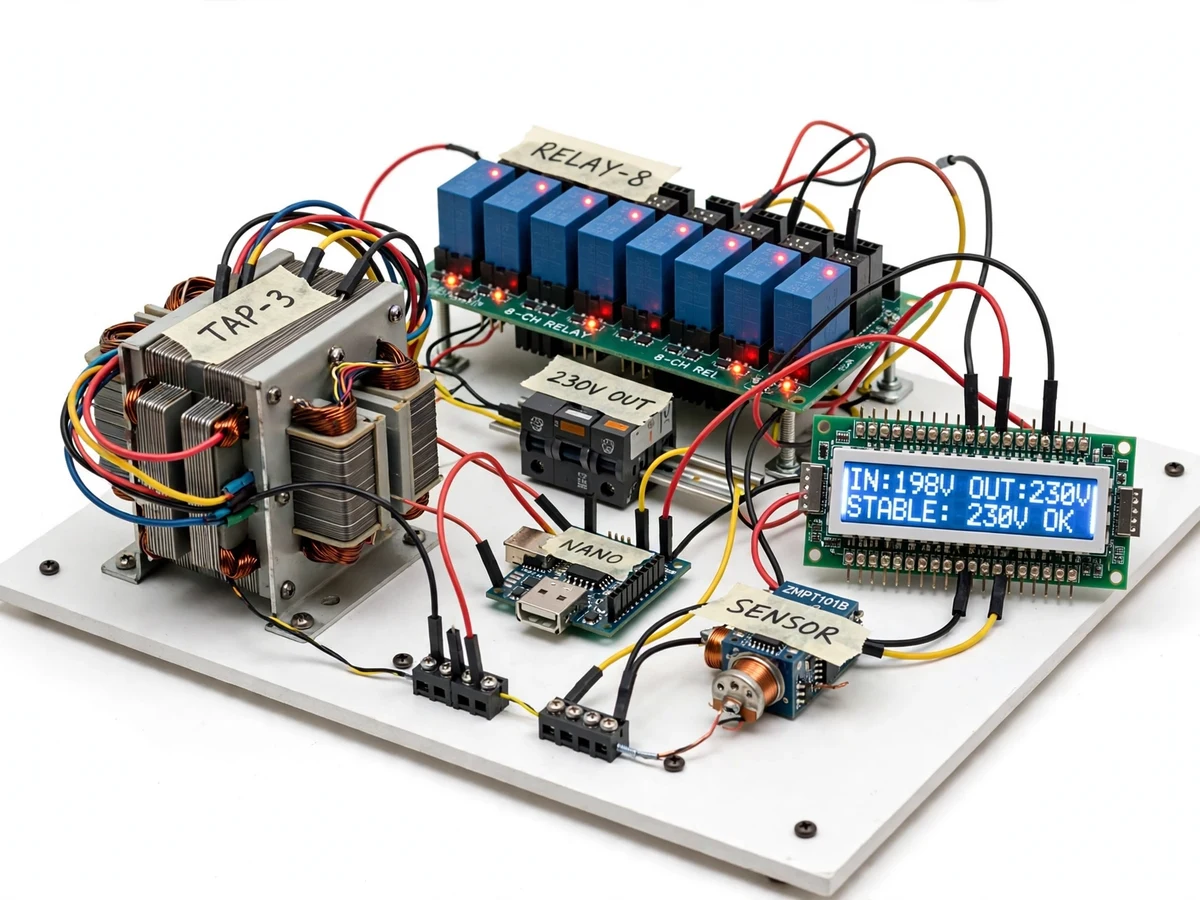 Relay-Based Automatic Voltage Stabilizer with Tap-Changing Transformer and Digital Voltage Display — project thumbnail preview