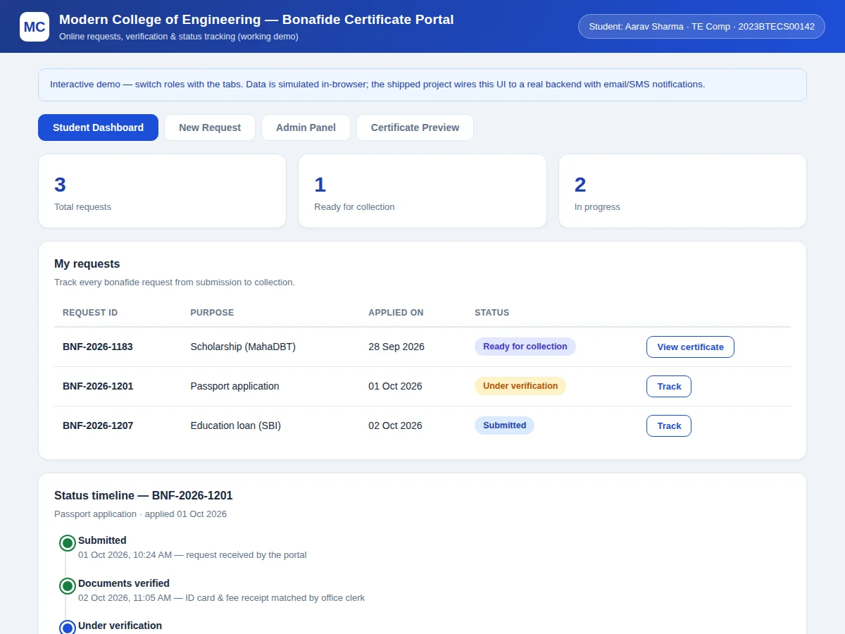 Online Bonafide Certificate Request Portal with Status Tracking for Colleges — project thumbnail preview