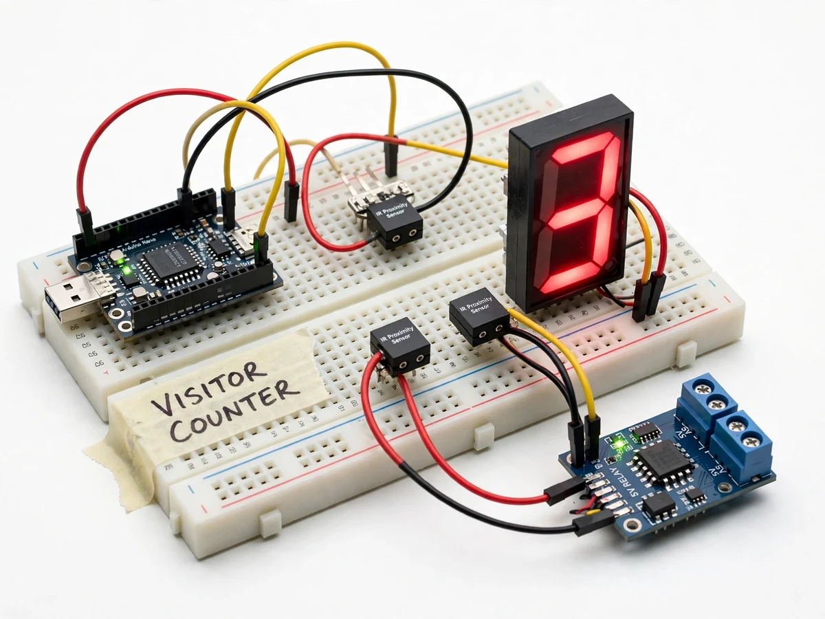 Automatic Room Light Controller with Bidirectional Visitor Counter using IR Sensors — project thumbnail preview