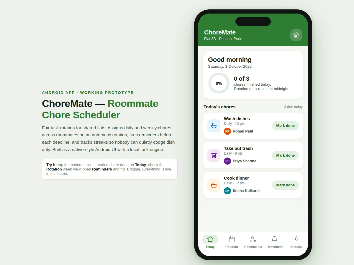 Roommate Chore Scheduler Android App with Task Rotation and Reminders — project thumbnail preview