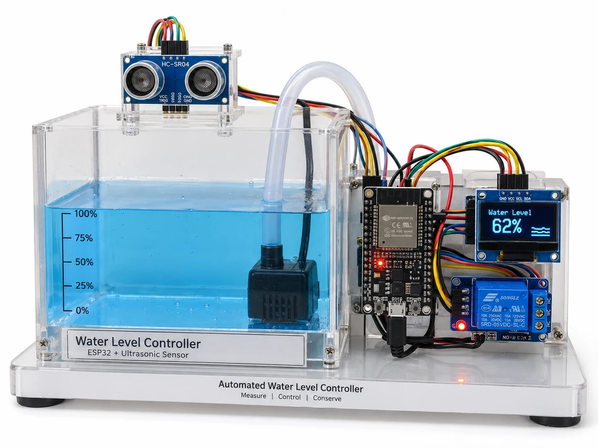 IoT water level monitoring prototype with ESP32, ultrasonic sensor, relay module, OLED display and transparent water tank model — student-built DIY electronics style.