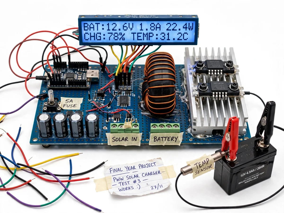 PWM Solar Charge Controller with Battery Temperature Sensing and LCD Display — project thumbnail preview