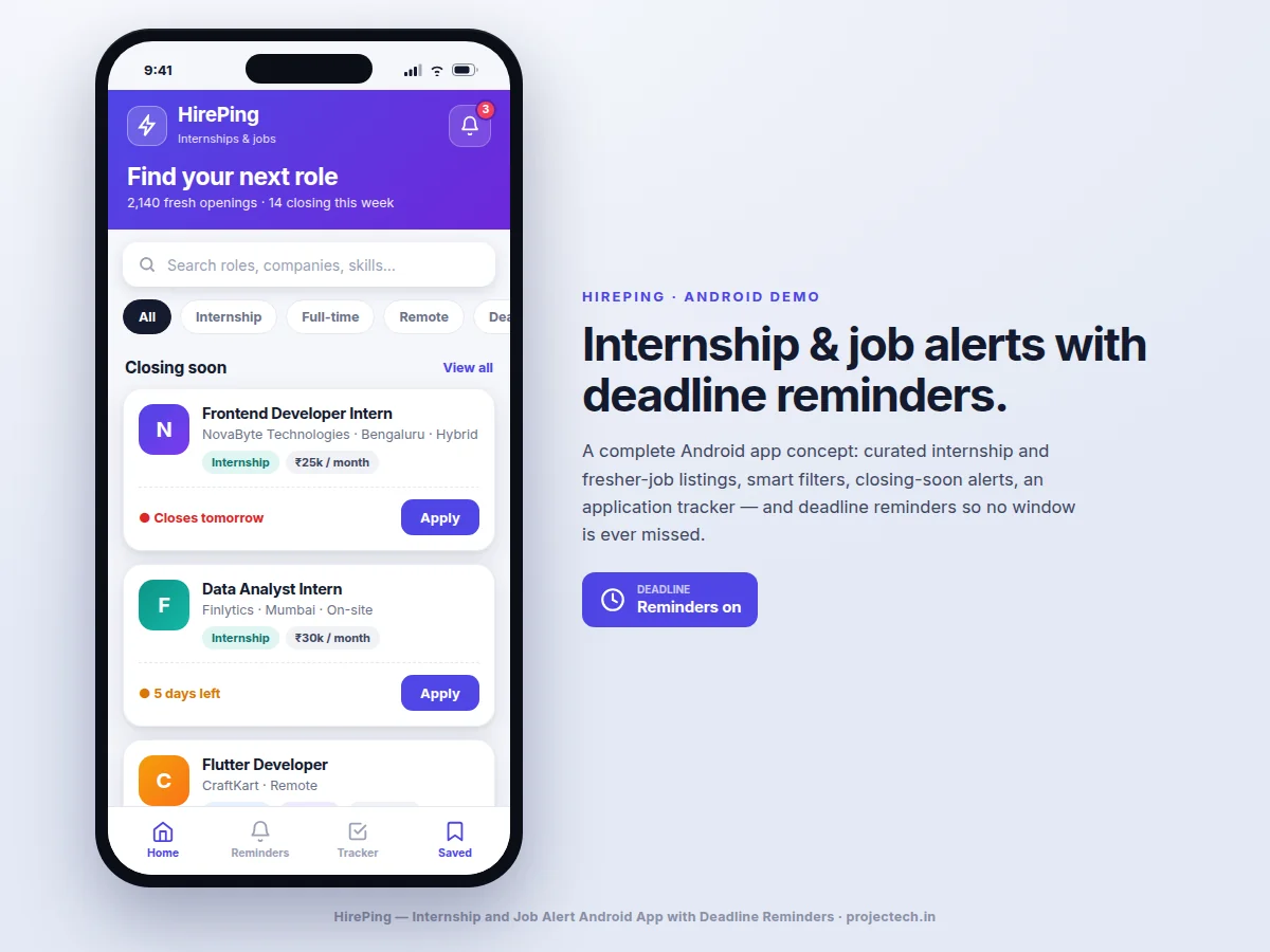 Internship and Job Alert Android App with Deadline Reminders — project thumbnail preview