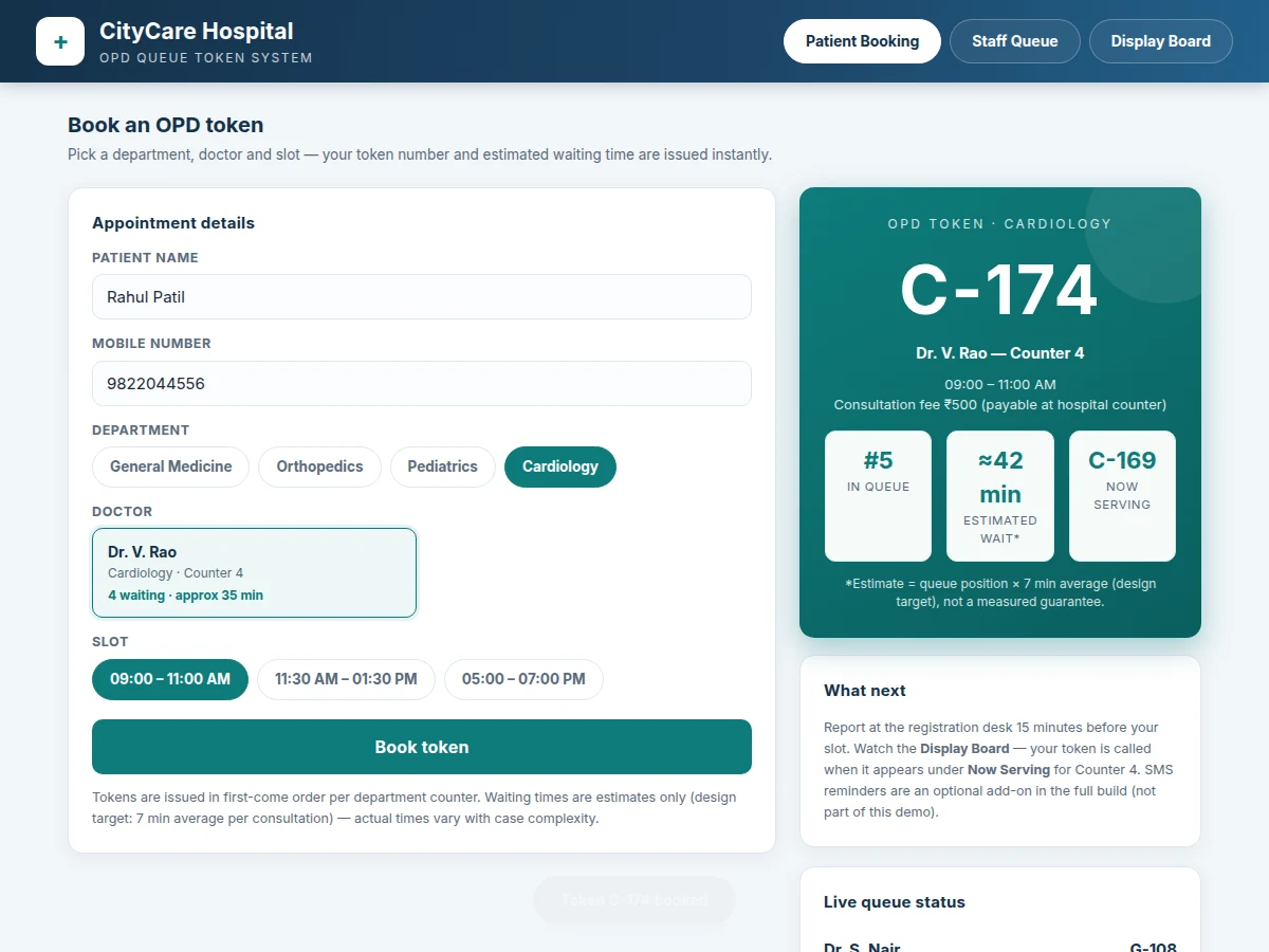 Web-Based Hospital OPD Queue Token System with Live Counter Display — project thumbnail preview