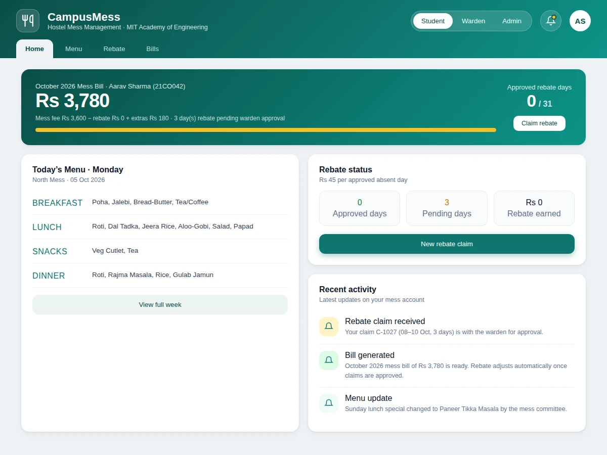 Mess Management System Android App with Rebate Claims, Warden Approval and Billing — project thumbnail preview