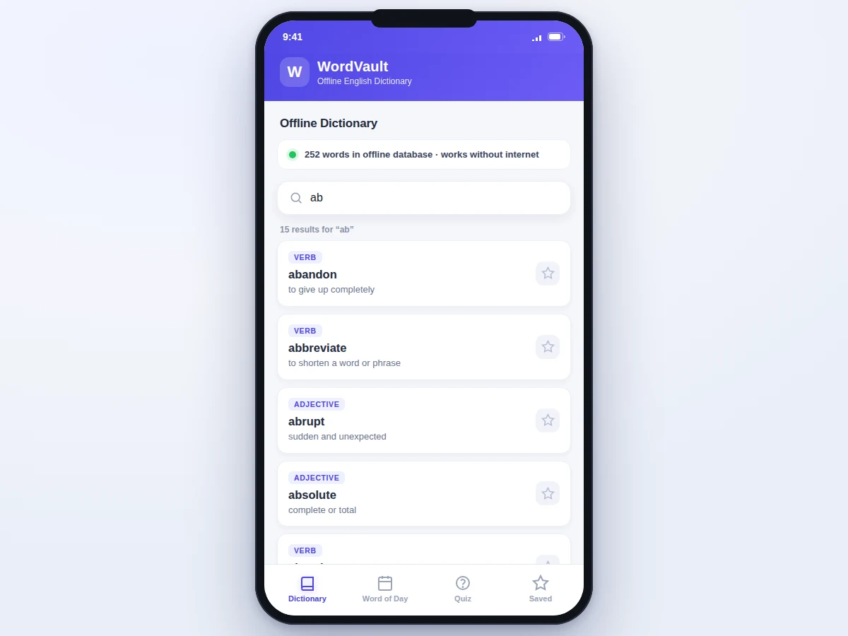 Offline English Dictionary Android App with Word of the Day and Vocabulary Quiz — project thumbnail preview