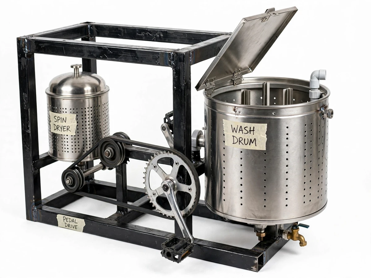 Pedal-Powered Washing Machine with Agitator and Spin-Dryer Drum — project thumbnail preview