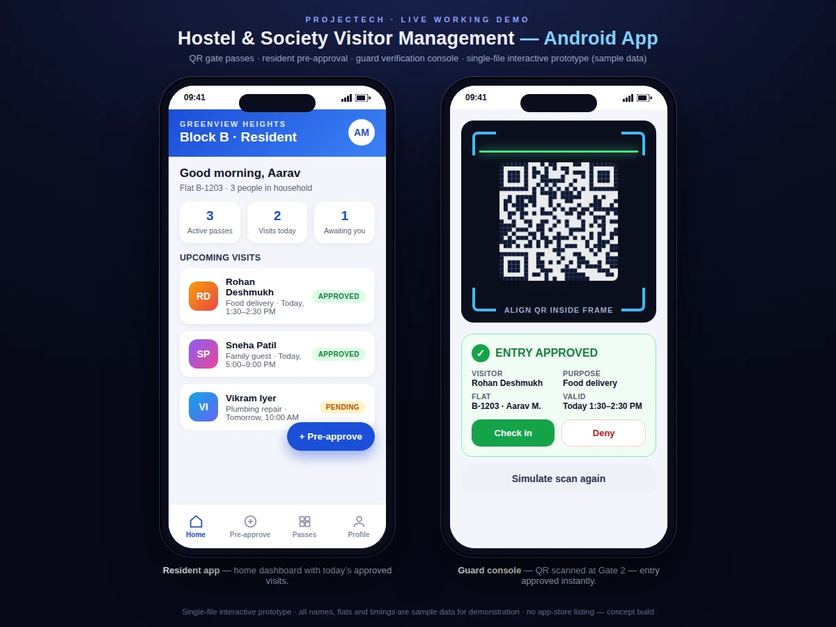 Hostel and Society Visitor Management Android App with QR Gate Pass and Pre-Approval — project thumbnail preview