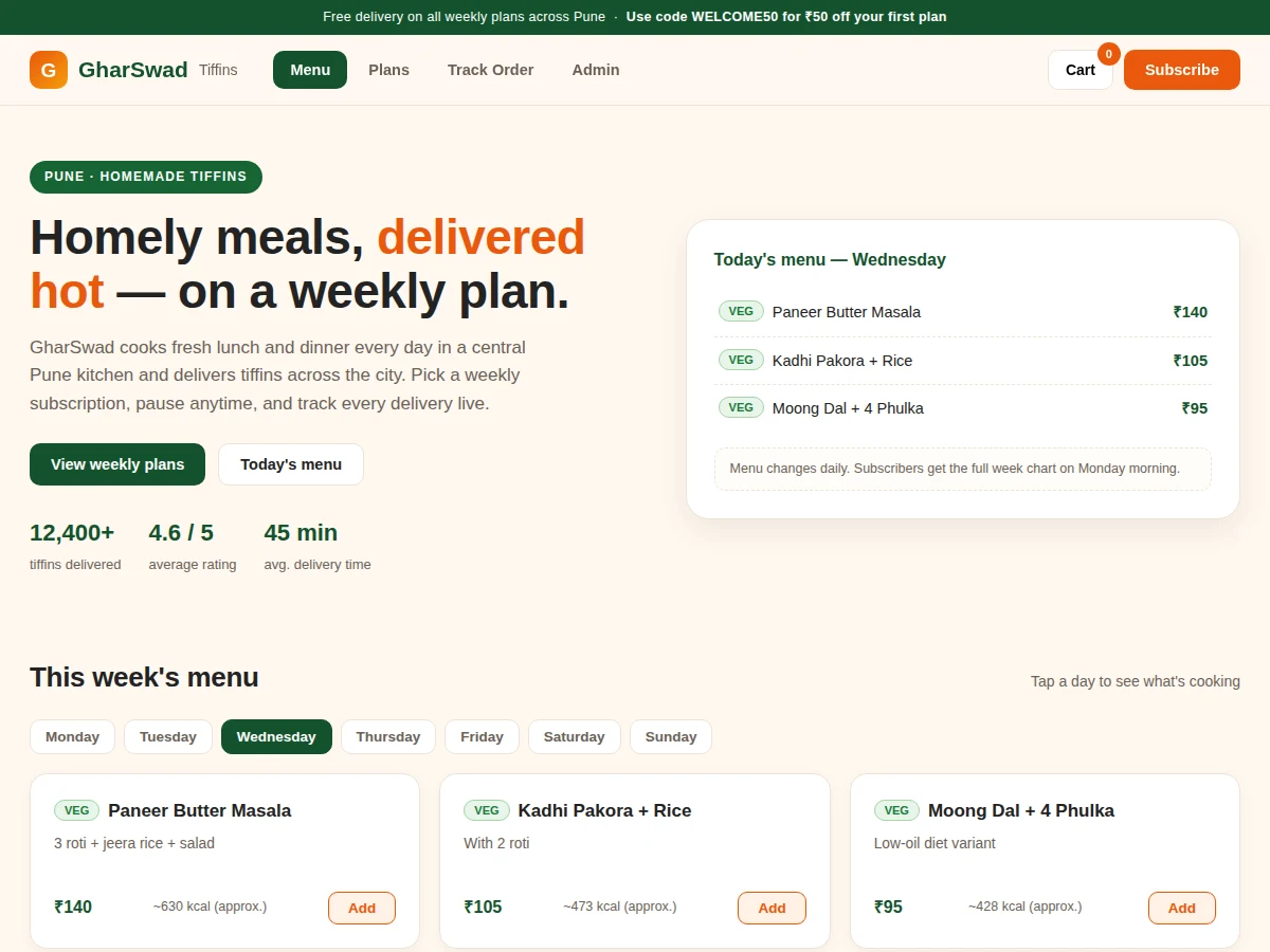 Online Tiffin Service Web App with Weekly Subscription Plans and Delivery Tracking — project thumbnail preview