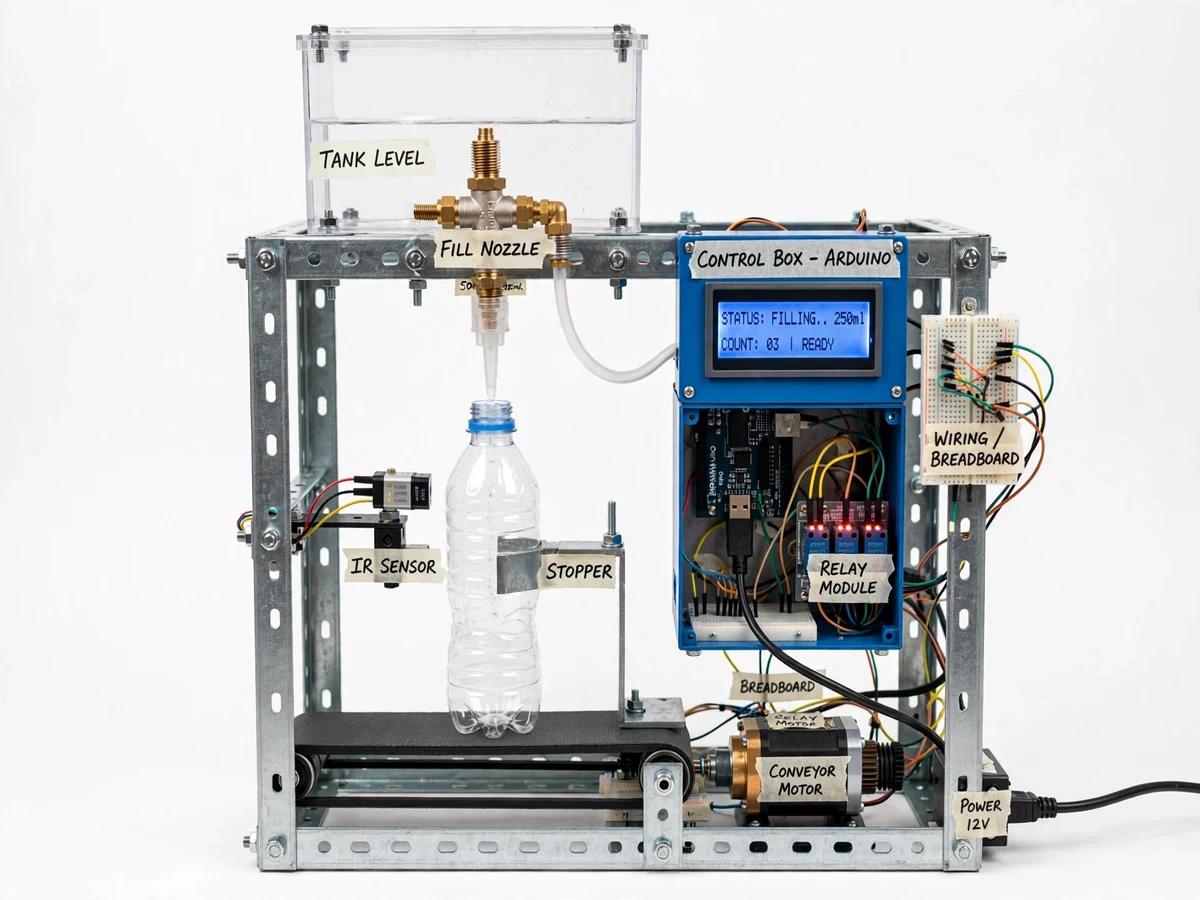 Automatic Liquid Bottle Filling Machine with Conveyor and Level Sensing — project thumbnail preview