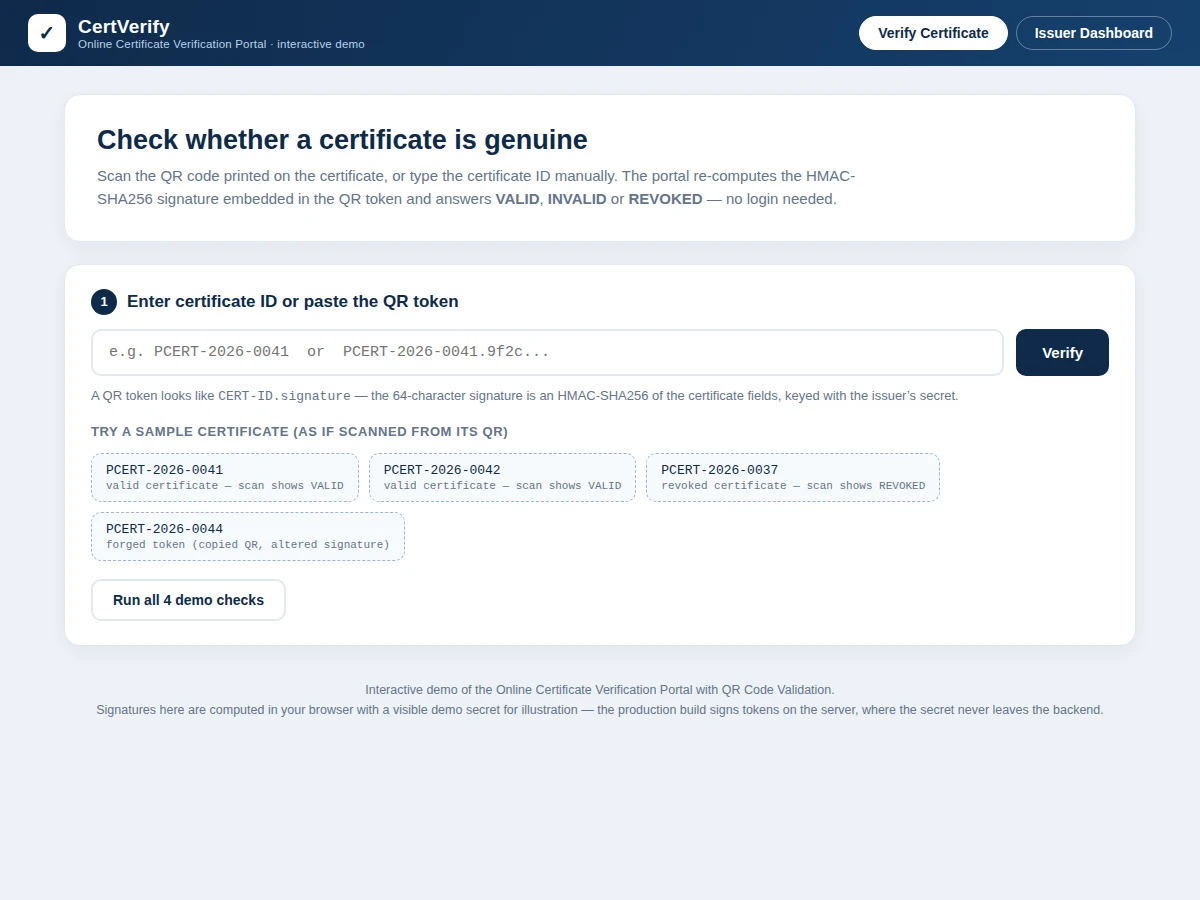 Online Certificate Verification Portal with QR Code Validation — project thumbnail preview