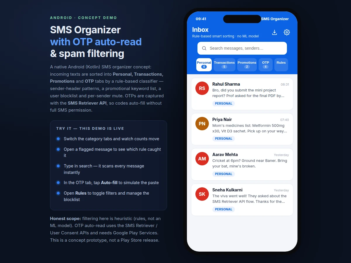 SMS Organizer Android App with OTP Auto-Read and Spam Filtering — project thumbnail preview