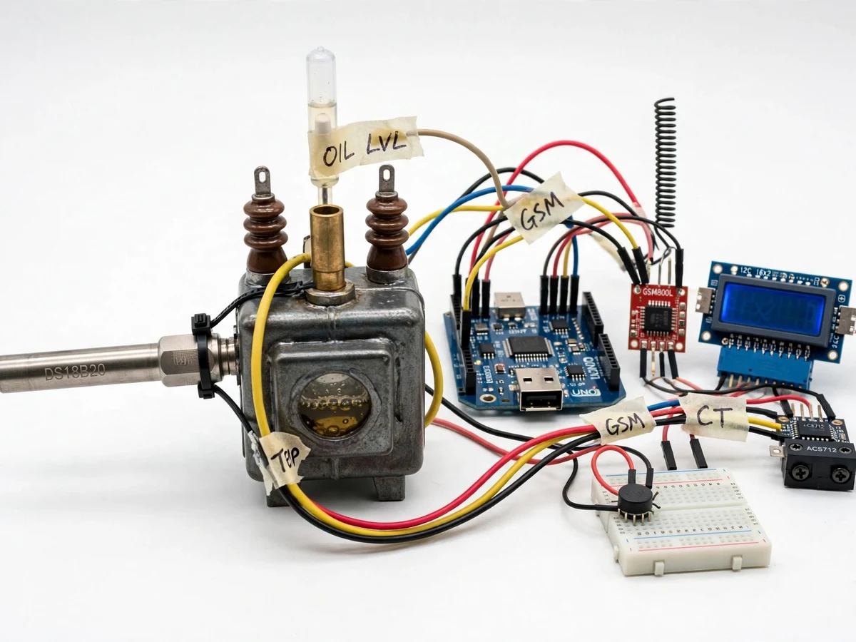 Distribution Transformer Health Monitoring System with Temperature, Oil Level and Load Sensing (GSM Alerts) — project thumbnail preview