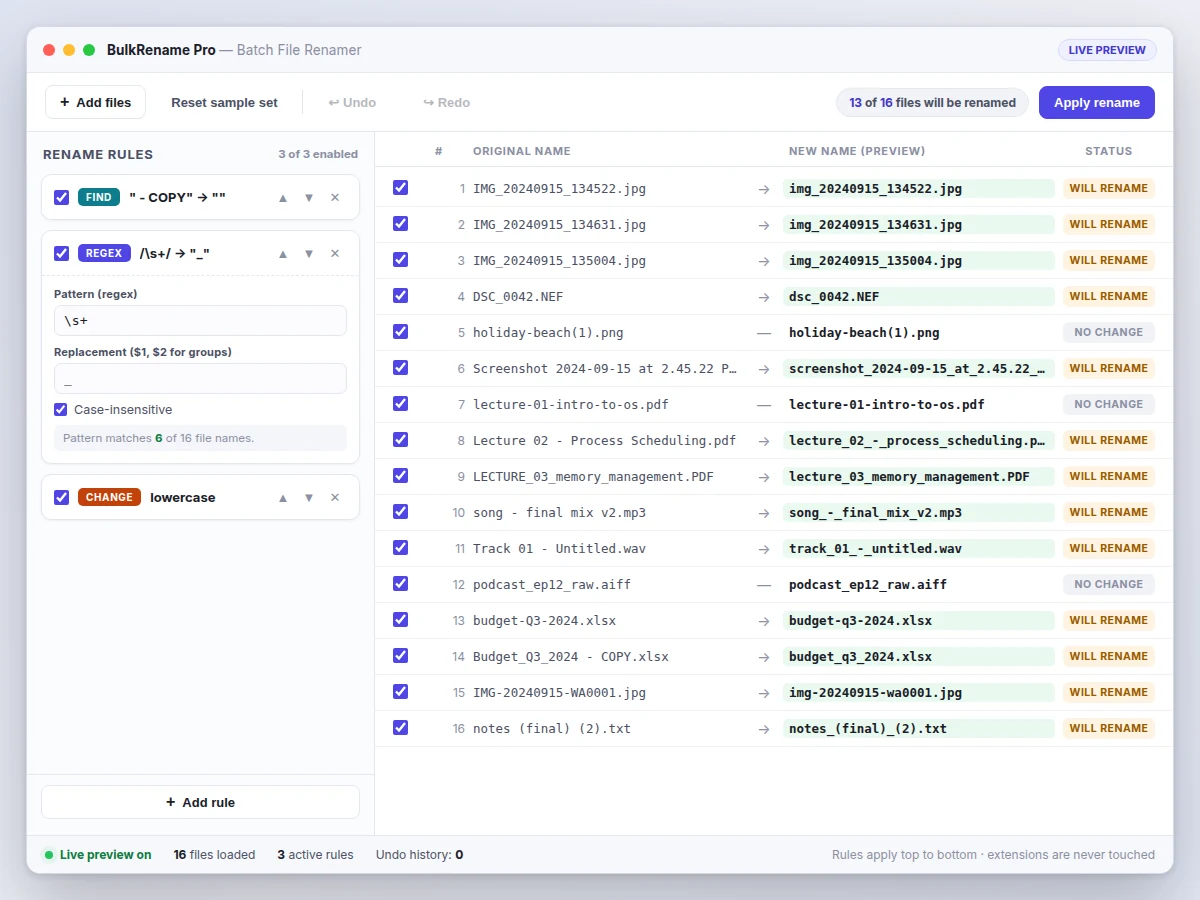 Batch File Renamer Desktop App with Regex Rules and Live Preview — project thumbnail preview