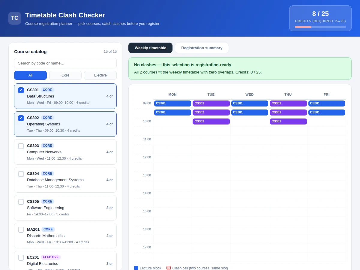 Timetable Clash Checker Web App for Course Registration — project thumbnail preview